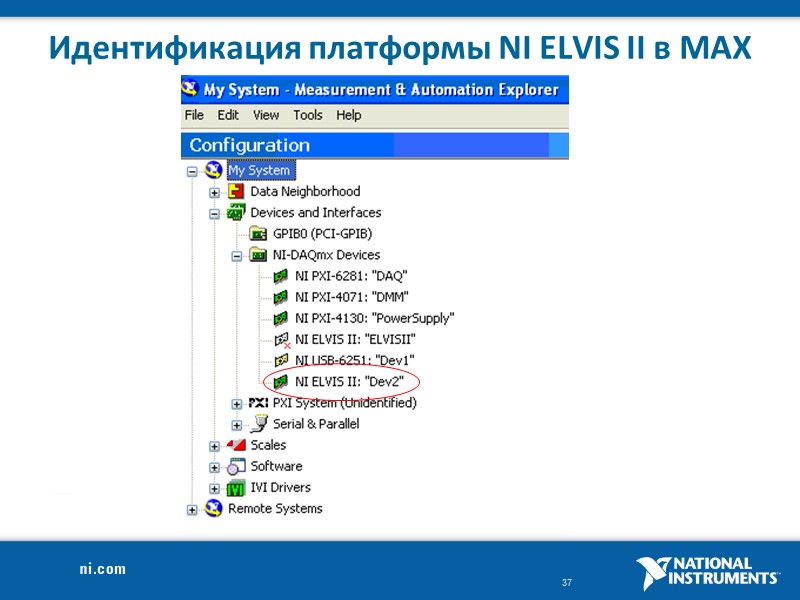 Идентификация платформы NI ELVIS II в MAX